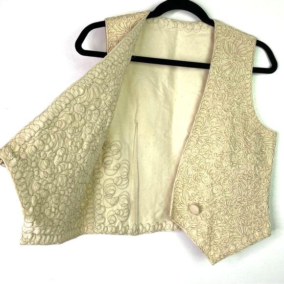 Vintage Cream Vest Ribbon Squiggle Floral Pattern M - Picture 3 of 6